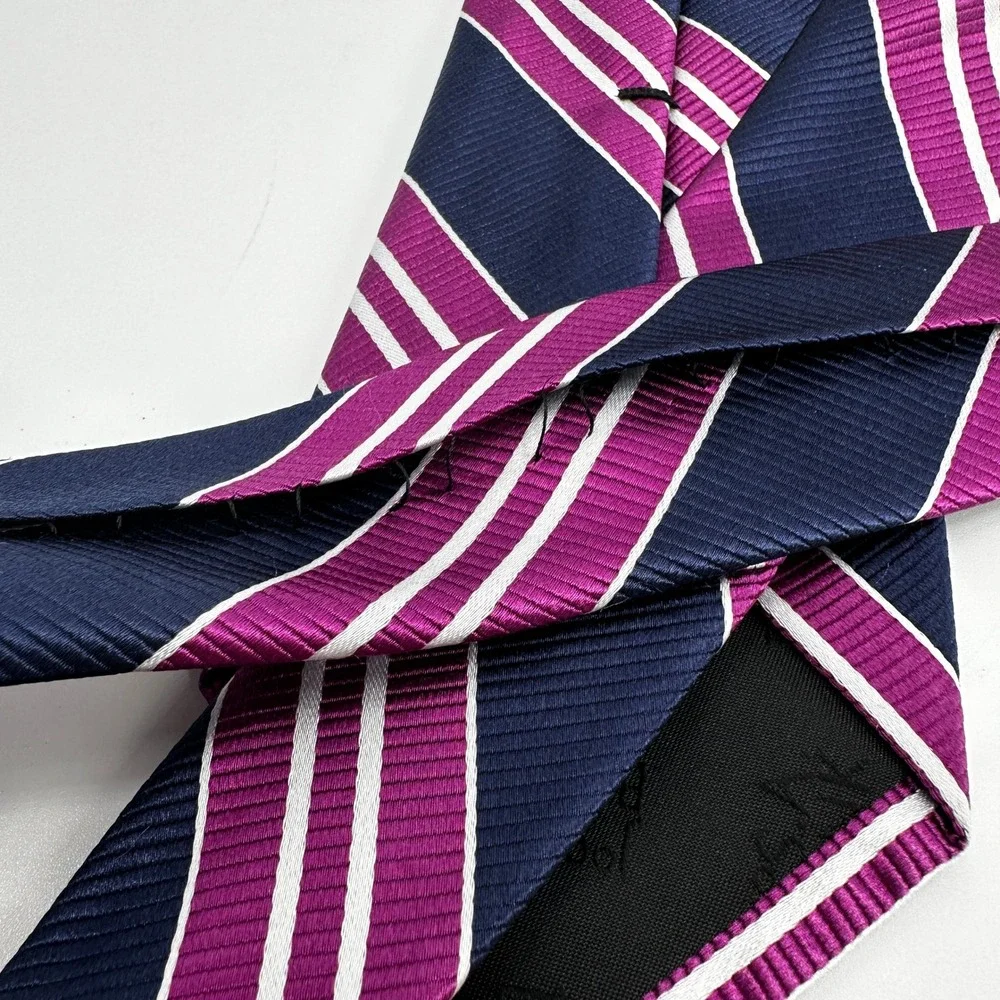 JOS A BANK TRAVELER Navy Purple White Stripe Silk‎ Necktie Mens Stain Resistant
